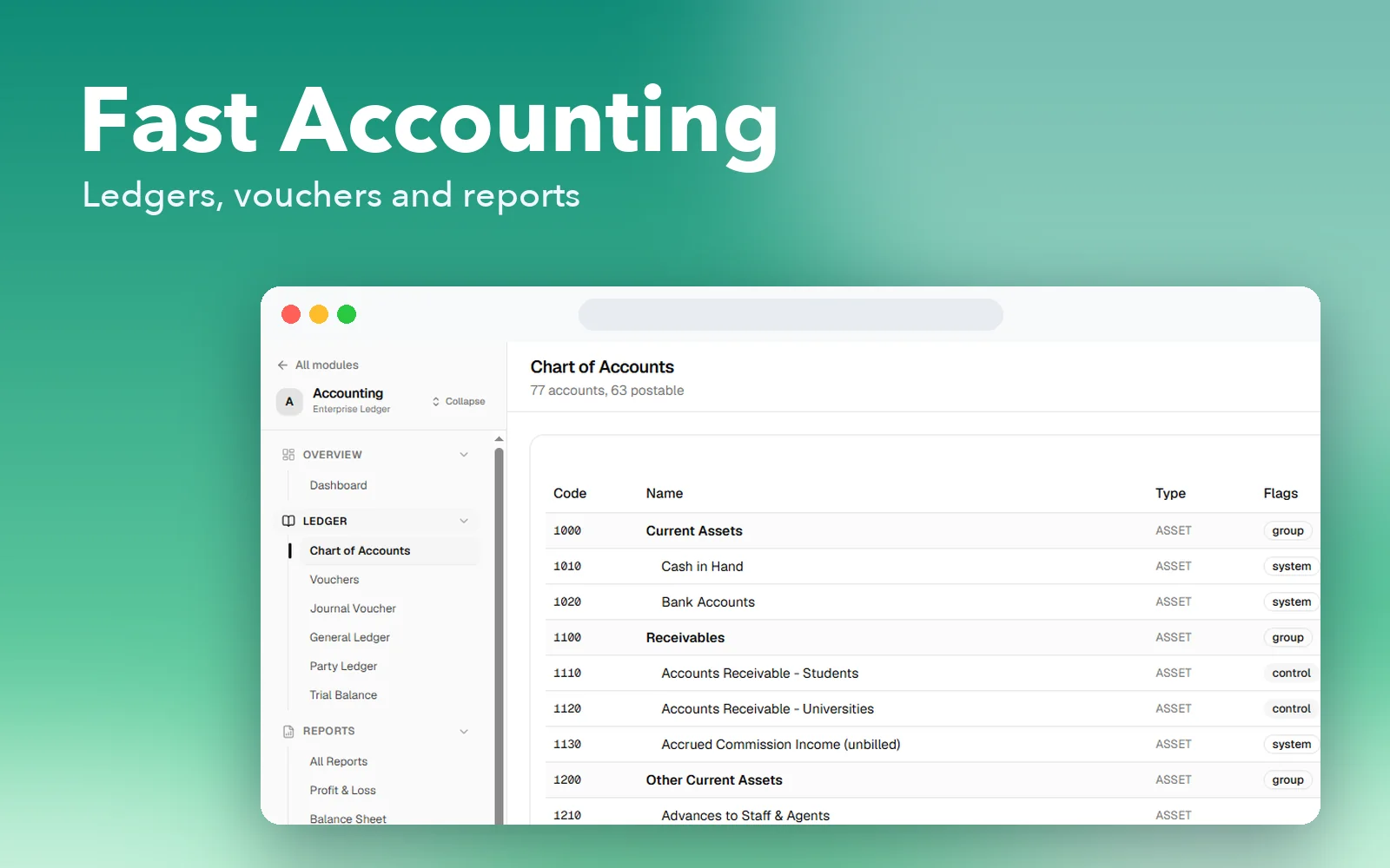 Fast Accounting: ledgers, vouchers and reports