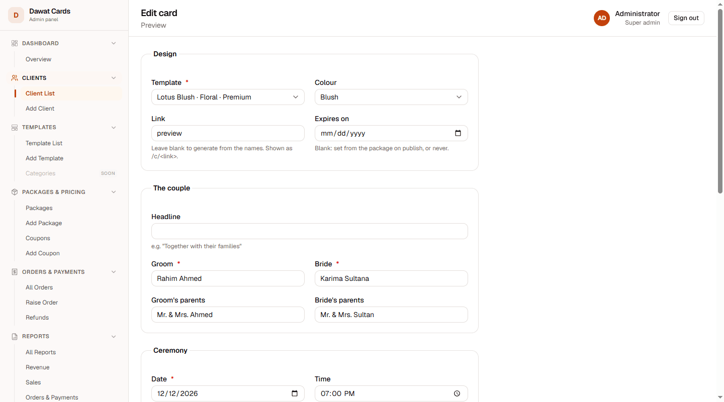 Admin card editor: template, colour, link, the couple and ceremony details