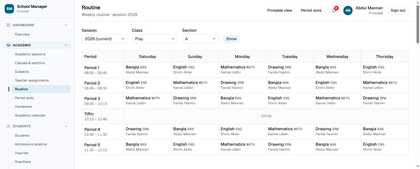 Weekly class routine with periods, subjects and teachers