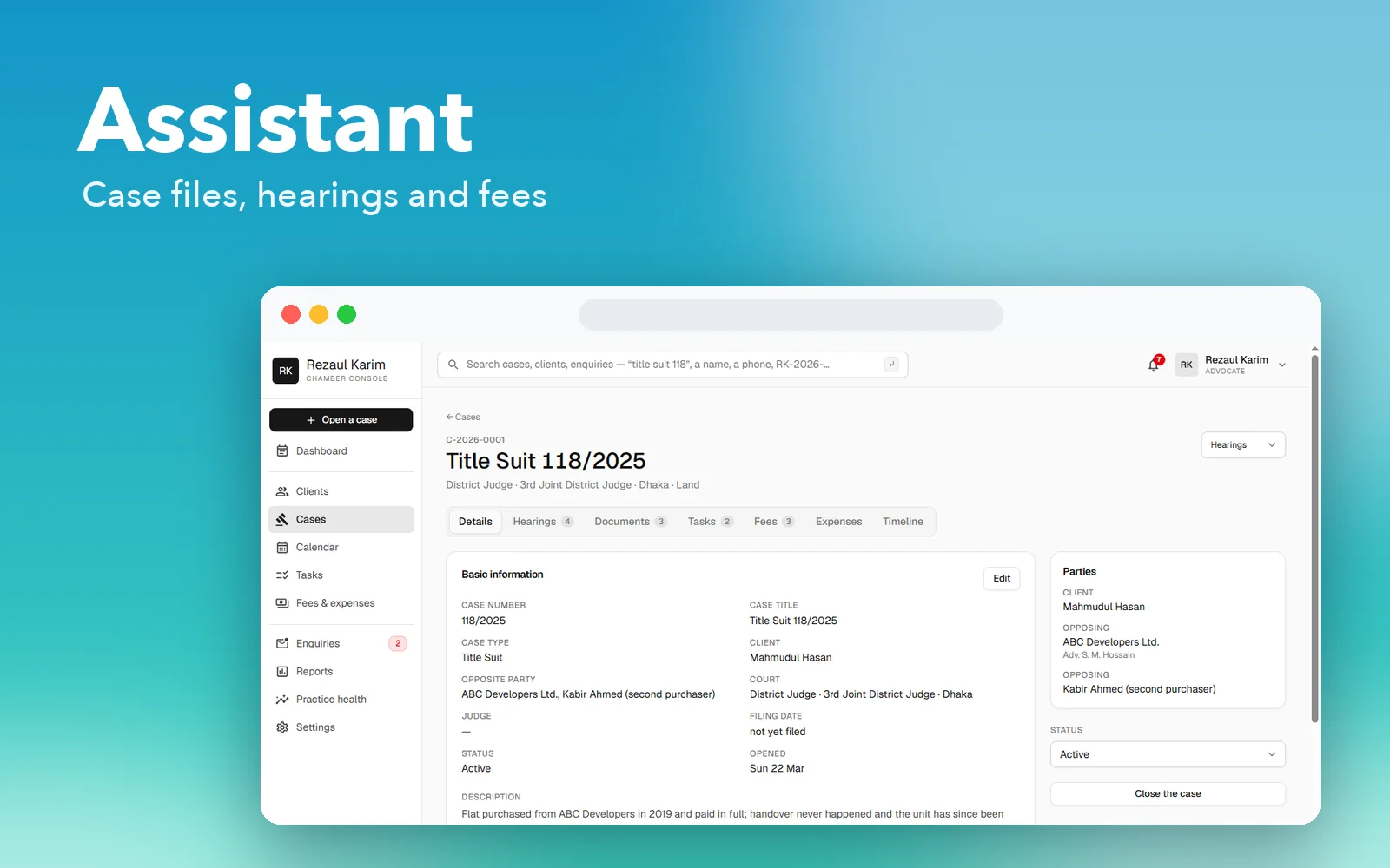 Assistant: a case file with hearings, documents and fees