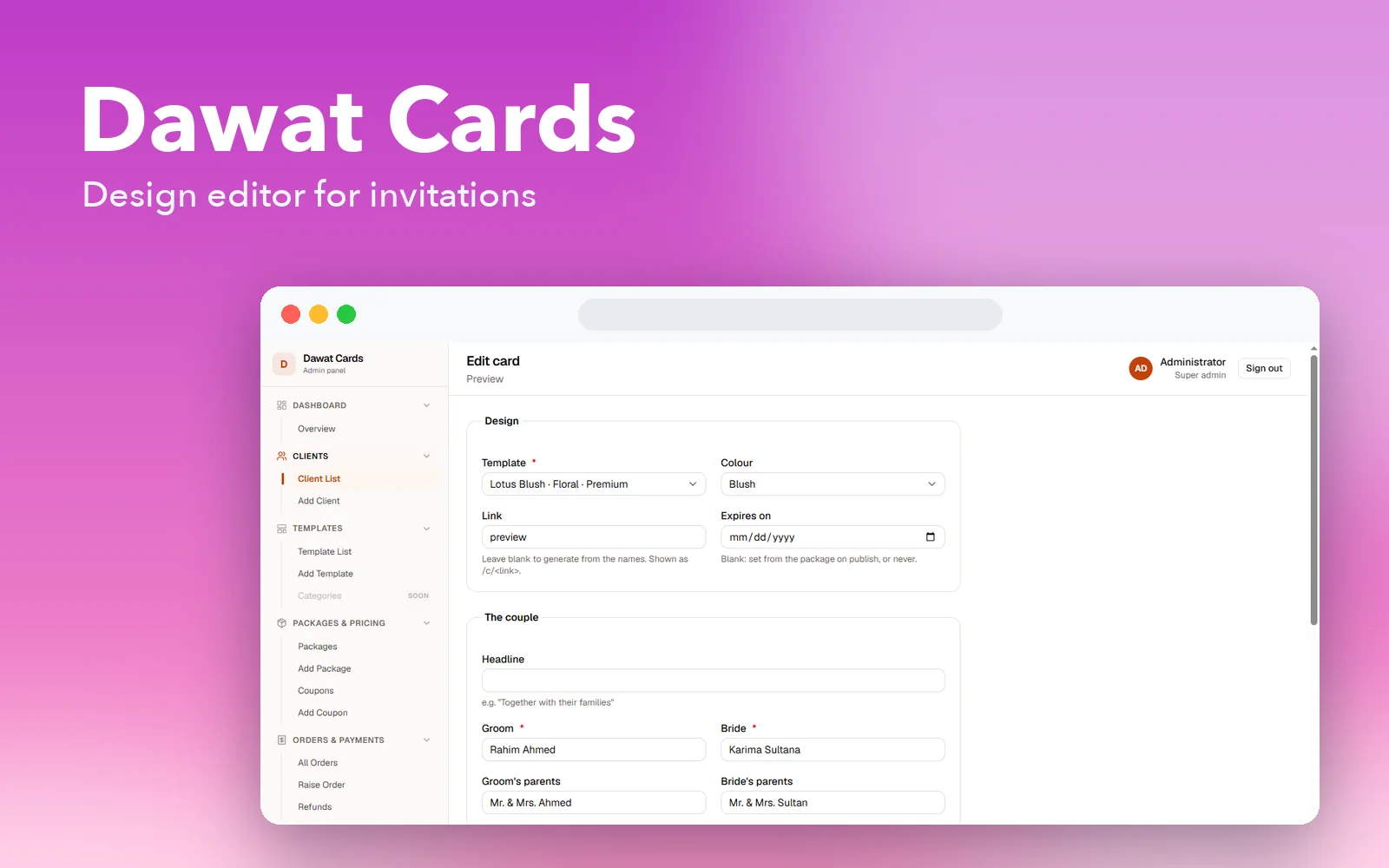 Dawat Cards: the design editor