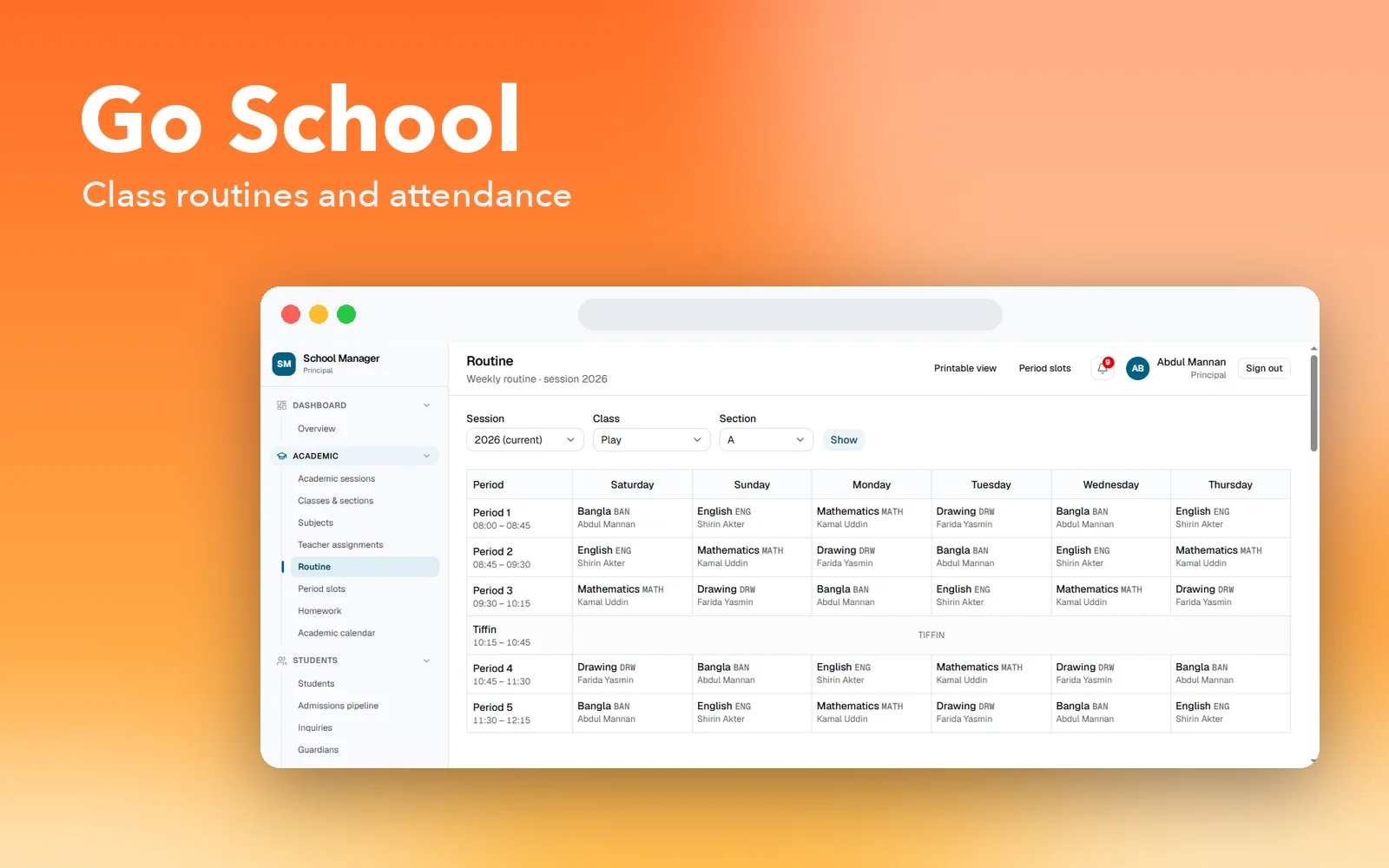 Go School: the weekly class routine